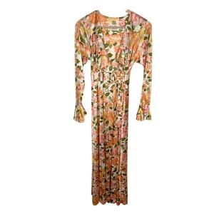 Vintage Vanity Fair Womens Long Sleeve Robe Gown P Orange Floral Feminine Sleep